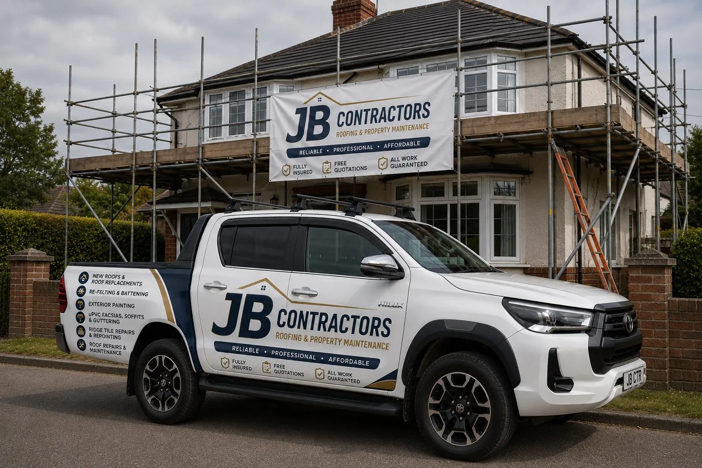 Ottery St Mary Roofing pickup truck on site at a scaffolded roofing job in Ottery St Mary